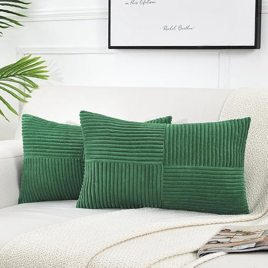Fancy Homi 2 Packs Green Lumbar Decorative Throw Pillow Covers 12x20 Inch for Couch Bed Sofa, Holiday Christmas Home Decor Gift, Soft Striped Corduroy Rectangle Accent Cushion Case 30x50 cm