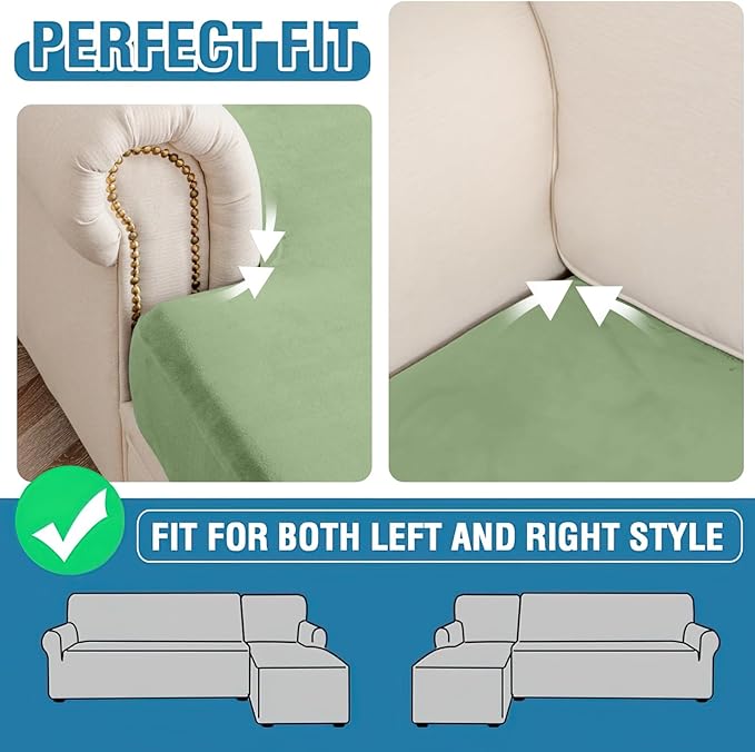 Couch Cover 8-Piece Elastic Velvet Couch Cushion Covers & Chaise Slipcovers for L-Shaped Sofas, Sofa Seat Covers Washable, Soft Cover for Couches (7 Seater + Chaise, Avocado Green)