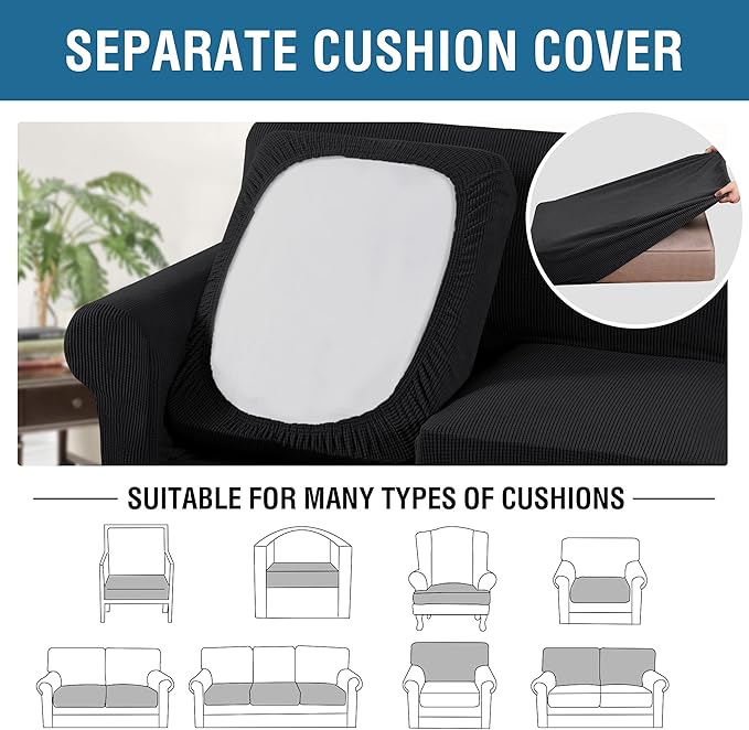 H.VERSAILTEX 4 Piece Stretch Sofa Covers for 3 Cushion Couch Covers for Living Room Furniture Slipcovers (Base Cover Plus 3 Seat Cushion Covers) Upgraded Thicker Jacquard Fabric (Large, Black)