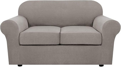 H.VERSAILTEX 3 Piece Stretch Sofa Covers for 2 Cushion Loveseat Couch - Thicker Jacquard Fabric (Medium Sofa, Taupe)