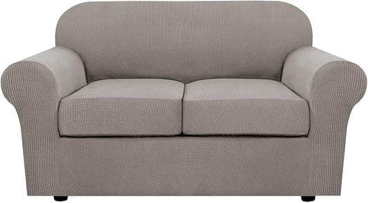 H.VERSAILTEX 3 Piece Stretch Sofa Covers for 2 Cushion Loveseat Couch - Thicker Jacquard Fabric (Medium Sofa, Taupe)