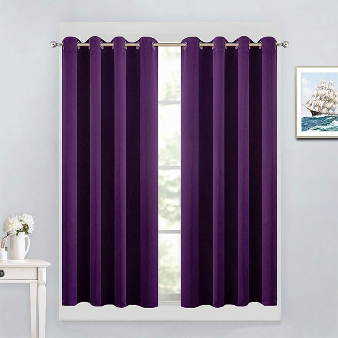 Yakamok Light Blocking Window Blackout Curtains Thermal Insulated Room Darkening Drapes for Bedroom,Solid Grommet Top Window Panels, 52x45 Inch, Purple, One Pair