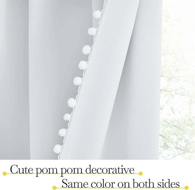 NICETOWN Pom Poms Trimming Blackout Curtains, Farmhouse Blackout Window Curtains Set of 2 Panels, Thick Thermal Insulated Vertical Drapes for Girls Boys Room Playroom, Greyish White, W52 x L84 inch
