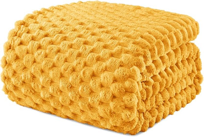 Exclusivo Mezcla Fleece Queen Blanket for Bed, Extra Large Fuzzy Mustard Yellow Bed Blankets, Soft Cozy Plush Sofa Throws for All Seasons, 90x90 Inches