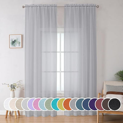 OWENIE Sheer Curtains 96 inches Long for Bedroom Living Room, Solid Light Gray Soft Fimly Sheer Curtains with Rod Pocket Top, Light Filtering Voile Sheer Farmhouse Curtains, 42Wx96L inch