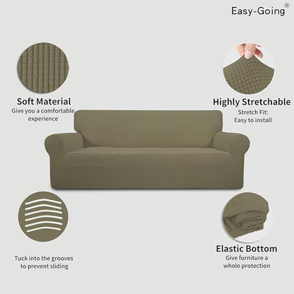 Easy-Going Stretch 4 Seater Sofa Slipcover 1-Piece Sofa Cover Furniture Protector Couch Soft with Elastic Bottom for Kids, Polyester Spandex Jacquard Fabric Small Checks Khaki