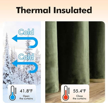 MIULEE 90 Inches Velvet Curtains Olive Green Elegant Grommet Curtains Thermal Insulated Soundproof Room Darkening Drapes for Classical Living Room Bedroom Decor 52 x 90 Inch Set of 2