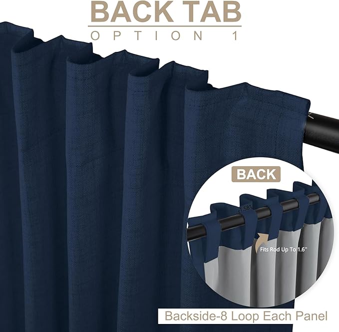 100% Blackout Shield Linen Blackout Curtains for Bedroom 102 Inches Long, Back Tab/Rod Pocket Living Room Drapes, Thermal Insulated Blackout Curtains 2 Panels Set, 50" W x 102" L, Midnight Blue