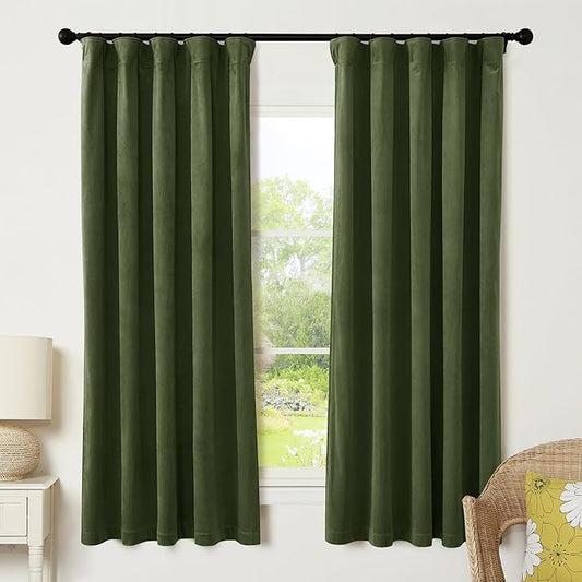 RYB HOME Olive Green Velvet Curtains with Hook Tape, Thermal Insulated Privacy Protect Decorative Drapes for Home Theater, W 52 x L 72 inches, 2 Panels Set