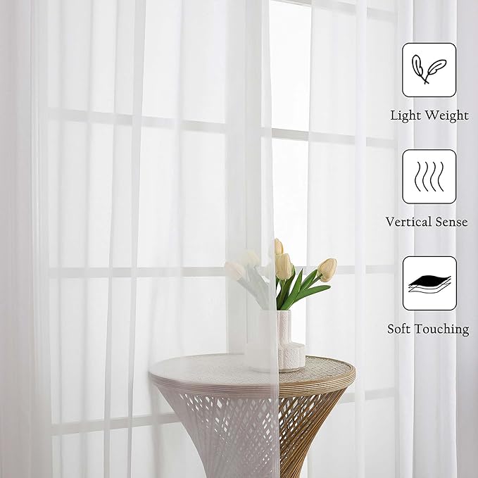 Lecloud White Sheer Curtains 120 Inches Long 2 Panels, Extra Wide Farmhouse Elegant Light Filtering Window Curtains, Solid Airy Voile Sheer Curtain for Living Room Bedroom Big Windows, 59" W x 120" L