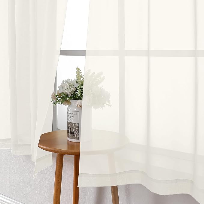 Lecloud Short Sheer Curtains 54 Inches Length 2 Panels, Light Filtering Voile Curtain Drapes for Half Window Kitchen Bedroom, Basic Rod Pocket Living Room Sheer Curtains, 40Wx54L Inches, Ivory