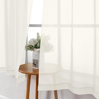 Lecloud Short Sheer Curtains 54 Inches Length 2 Panels, Light Filtering Voile Curtain Drapes for Half Window Kitchen Bedroom, Basic Rod Pocket Living Room Sheer Curtains, 40Wx54L Inches, Ivory