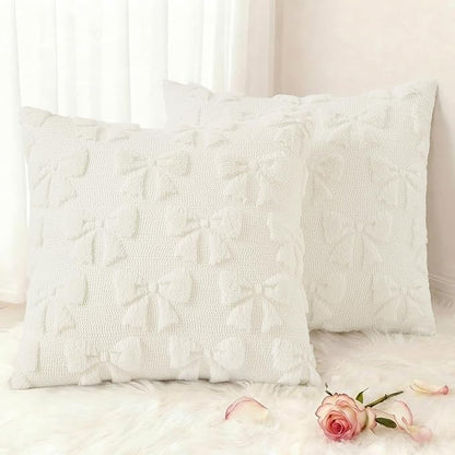 decorUhome Cream White Bow Pillow Covers Set of 2 Coquette Aesthetic Cute Preppy Plush Faux Pillowcases for Girly Bedroom or Couch 20x20 Inch
