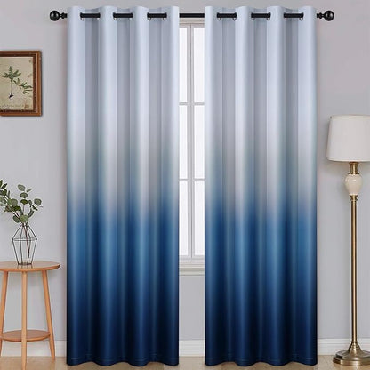 SimpleHome Ombre Room Darkening Curtains for Boys Bedroom, Light Blocking Gradient Grey White to Blue Thermal Insulated Grommet Window Curtains/Drapes for Living Room,2 Panels, 52x96 inches Length