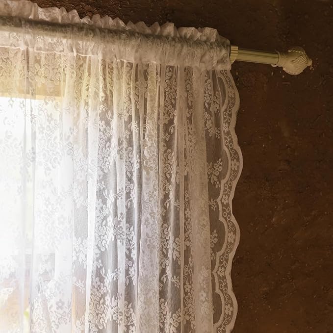YJ YANJUN Vintage Lace Curtains Chic Floral White Short Sheer Bathroom Curtains for Small Window 2 Panels, Light Filtering Net Drapes for Bedroom, Laundry Room Light Filtering W52 X L45