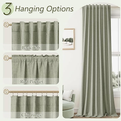 Sage Green 100% Blackout Curtains 45 Inch Length 2 Panels Set for Living Room Bedroom Back Tab Thermal Insulated Black Out Linen Drapes Room Darkening Window Curtains 52x45