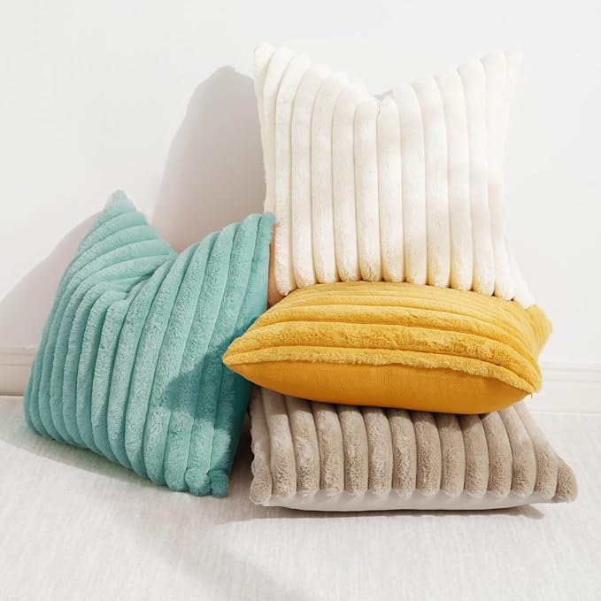 decorUhome Summer Cozy Faux Fur Throw Pillow Covers 22x22 Set of 2 Decorative Soft Plush Striped Modern Farmhouse Boho Couch Euro Sham Pillow Cases with Velvet Back for Sofa Bed Living Room, Aqua