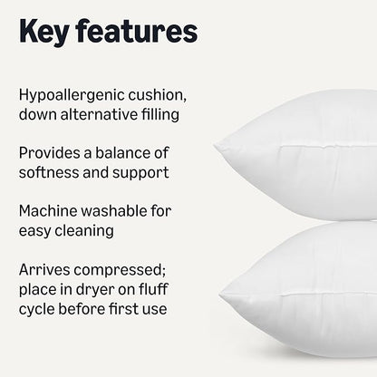 Amazon Basics Square Hypoallergenic Pillow Insert, Down Alternative Fiberfill, Sofa Bed Couch Decorative Stuffer, 20", 4-Pack