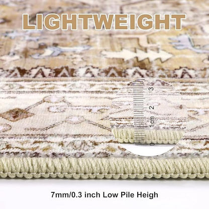 Yamaziot Washable Runner Rug, 2x5 Non-Slip Boho Vintage Hallway Rug Runner with Rubber Backing, Stain Resistant Faux Wool Distressed Carpet Runner for Kitchen, Laundry, Entrance, Beige Brown