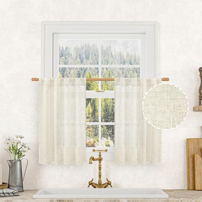 LAMIT Short Kitchen Linen Curtains 30 Inch Length for Small Windows, Cream Ivory Semi Sheer Light Filtering Panels Back Tab and Rod Pocket Cafe Drapes for Half Window, 2 Panels, 25 x 30 Inch