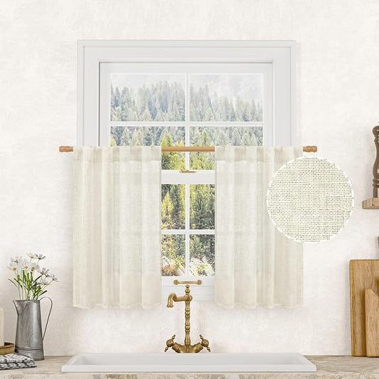 LAMIT Short Linen Curtains 36 Inch Length for Half Window, Cream Ivory Semi Sheer Light Filtering Panels Back Tab and Rod Pocket Drapes for Basement/Kitchen, 2 Panels, 25 x 36 Inch
