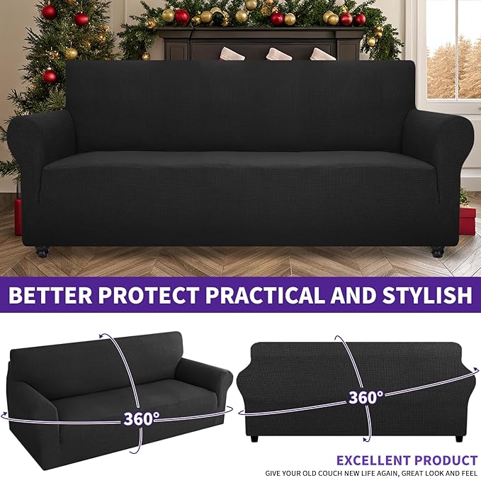 ZNSAYOTX Super Stretch Couch Cover (72"-92") Universal Sofa Covers with Elastic Bottom, Dog Cat Pets Friendly Washable Furniture Protector Fitted Sofa Slipcovers Stay in Place (Black, Sofa)