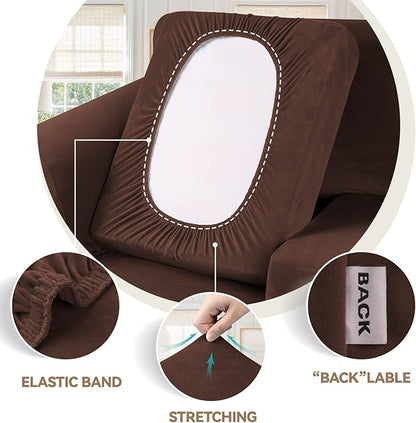 WEERRW 4 Pieces Velvet High Stretch Couch Covers for 3 Cushion Couch Sofa Slipcovers, Washable Furniture Protector with Non Slip Elastic Bottom, Feature Soft and Thick Plush Fabric, Chocolate, Large