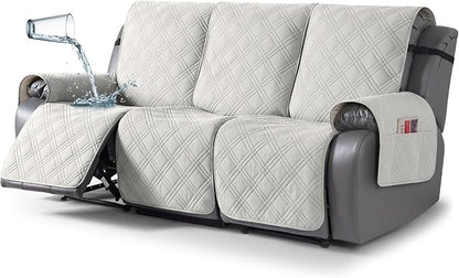 TAOCOCO 100% Waterproof Recliner Sofa Cover, Non Slip Split Couch Covers for Reclining Couches with Elastic Straps, Washable Reclining Sofa Cover Furniture Protector for Kids Pets(3 Seater, Off White)