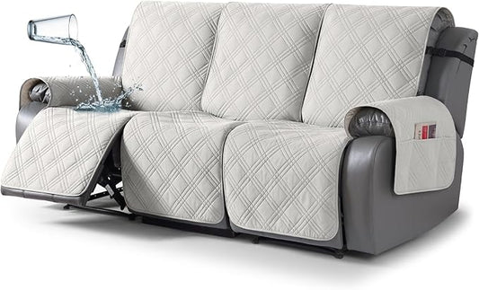 TAOCOCO 100% Waterproof Recliner Sofa Cover, Non Slip Split Couch Covers for Reclining Couches with Elastic Straps, Washable Reclining Sofa Cover Furniture Protector for Kids Pets(3 Seater, Off White)