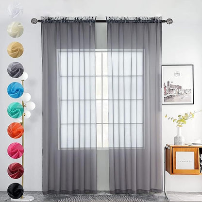 youleyar Solid Sheer Rod Pocket Curtain Voile Draperies 2 Panels White Beige Black Grey Coffee 52 Inch Width 72 Inch Long 1 Pair for Kitchen Bedroom Children Living Room Yard(Grey,52Wｘ72L)