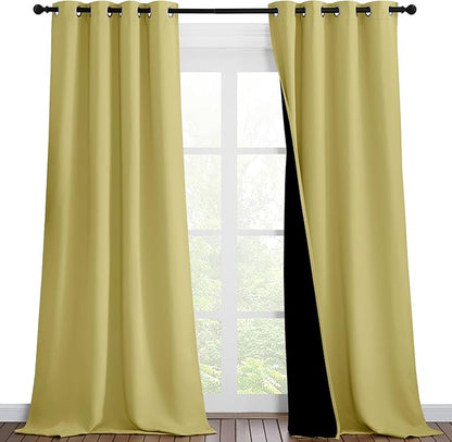 NICETOWN 100% Blackout Blinds, Set of 2, 46 inches x 96 inches, Laundry Room Decor Window Treatment Curtains for Large Patio Sliding Door, Thermal Insulated Paler Yellow Curtains for Bedroom