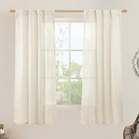 LAMIT Natural Semi Sheer Linen Curtains, Cream Ivory Light Filtering Panels Back Tab and Rod Pocket Neutral Drapes for Bedroom/Living Room, Natural, 2 Panels, 34 x 60 Inch