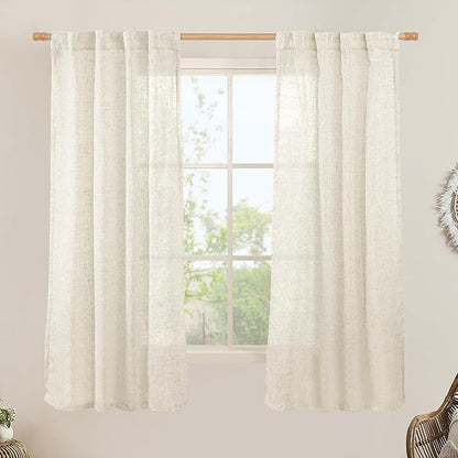LAMIT 63 Inch Semi Sheer Linen Curtains, Light Filtering Panels Back Tab and Rod Pocket Neutral Drapes for Bedroom/Living Room, Natural, 2 Panels, 34 x 63 Inch