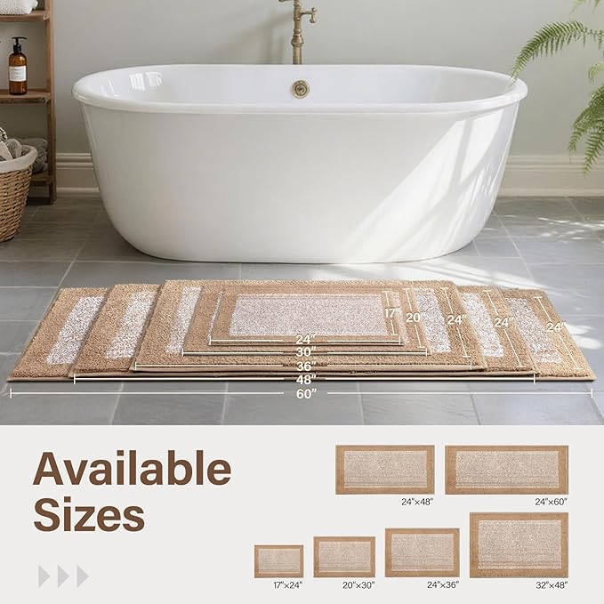 60x24 Long Bathroom Rugs Washable Non Slip, Beige Bath Mat for Bathroom Floor Tub, Soft Absorbent Quick Dry Mats for Shower,Bathtub,Home Decor
