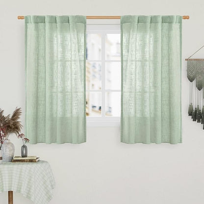 LAMIT Linen Curtains 48 Inch Length 2 Panels, Light Filtering Panels Back Tab and Rod Pocket Neutral Drapes for Kitchen/Window/Loft Room/Bedroom, 34 x 48 Inch Fresh Green