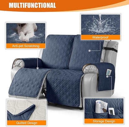 VANSOFY Waterproof Recliner Couch Covers, Sofa Covers 1-Piece Washable Reclining Sofa Cover Non-Slip Furniture Protector with Elastic Straps Pocket for Dogs, Pets(Navy Blue,2 Seater)