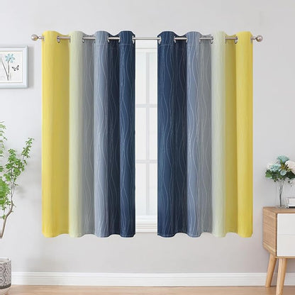 Estelar Textiler Navy Blue and Yellow Blackout Curtains 45 Inch Length, Full Light Blocking Gradient Drapes for Kitchen, Thermal Insulated Grommet Ombre Curtains for Bathroom,52Wx45L,2 Panels