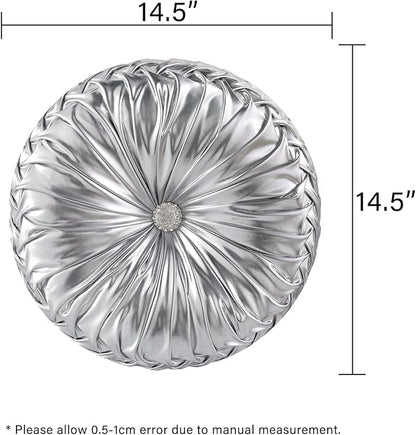 HIG Set of 2 Handcrafted Silver Ruched Round Throw Pillows – 14.5’’ Metallic Leather Decorative Pillows with Soft Polyester Filling for Couch, Bed, Living Room, Bedroom, or Dorm