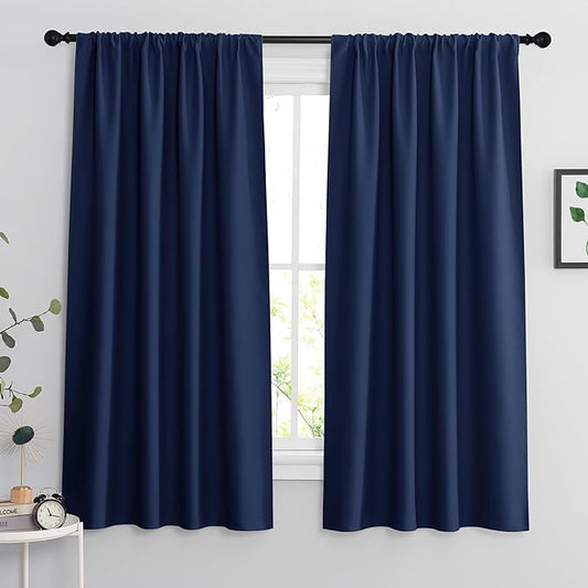 RYB HOME Blackout Curtains for Bedroom Living Room 63 inches Long, Thermal Insulated Privacy Rod Pocket Drapes for Nursery Office Home Theater, Width 34 by Length 63, Marine Blue, 2 Panels