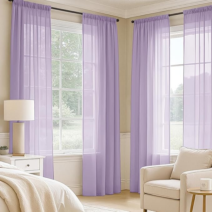 MIULEE Light Purple Sheer Curtains 108 Inches Long, 4 Panels Set, Lavender Light Filtering Rod Pocket Voile Drapes for Living Room and Bedroom, Airy Soft Fabric Window Treatments, 42 x 108 Inches