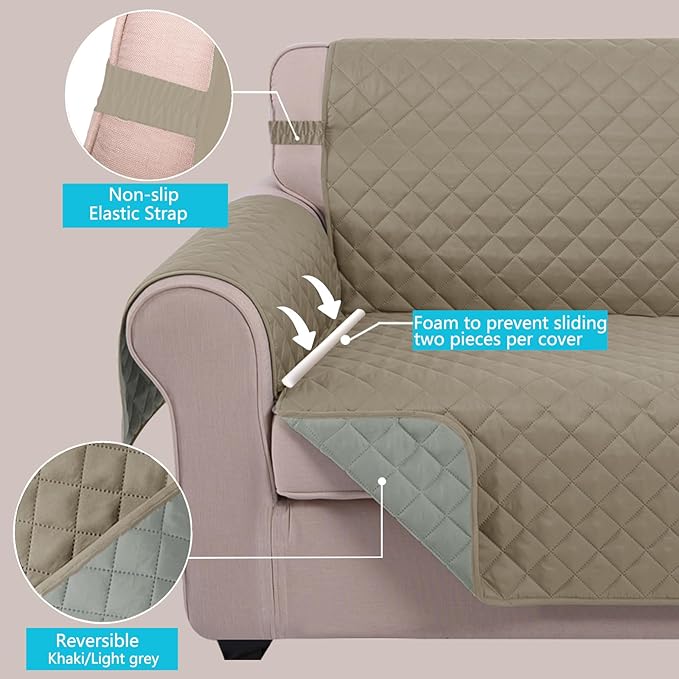 U-NICE HOME Reversible Oversized Chair Covers Quilted Water Repellent Pet Protectors with Elastic Straps(28''Armchair, Khaki/Light Grey)