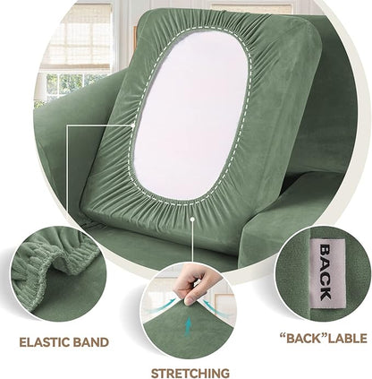 WEERRW 4 Pieces Velvet High Stretch Couch Covers for 3 Cushion Couch Sofa Slipcovers, Washable Furniture Protector with Non Slip Elastic Bottom, Feature Soft Plush Fabric, Greyish Green, Large