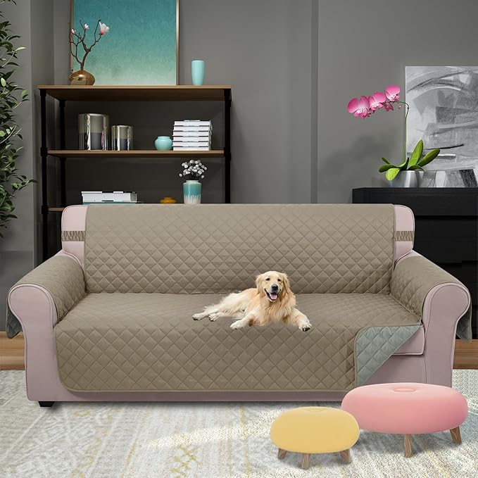 U-NICE HOME Large Sofa Cover Reversible Couch Cover for Dogs with Elastic Straps Water Resistant Furniture Protector for Pets Couch Cover for 4 Cushion Couch (Oversized Sofa, Khaki/Light Grey)