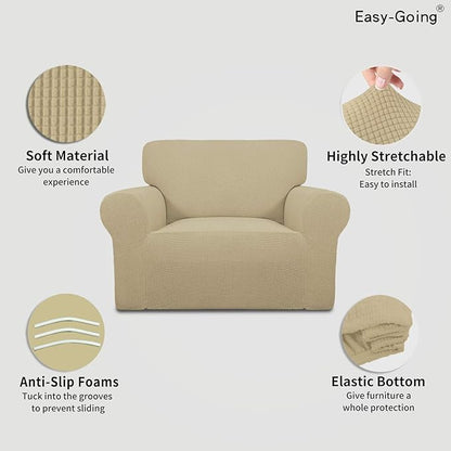Easy-Going Stretch Oversized Chair Sofa Slipcover 1-Piece Couch Sofa Cover Furniture Protector Soft with Elastic Bottom for Kids Spandex Jacquard Fabric Small Checks Beige