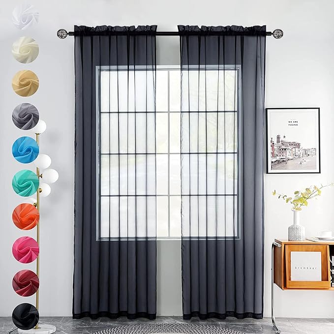 youleyar Solid Sheer Rod Pocket Curtain Voile Draperies 2 Panels White Beige Black Grey Coffee 52 Inch Width 54 Inch Long 1 Pair for Kitchen Bedroom Children Living Room Yard(Charcoal Grey,52Wｘ54L)
