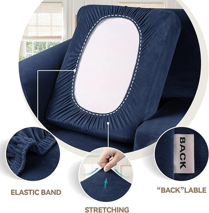 WEERRW Velvet Couch Covers for 2 Cushion Couch Sofa - High Stretch Luxury Velvet Plush 3 Pieces Sofa Slipcovers with Elastic Bottom, Furniture Protector for Pets, Machine Washable, Navy Blue, Medium