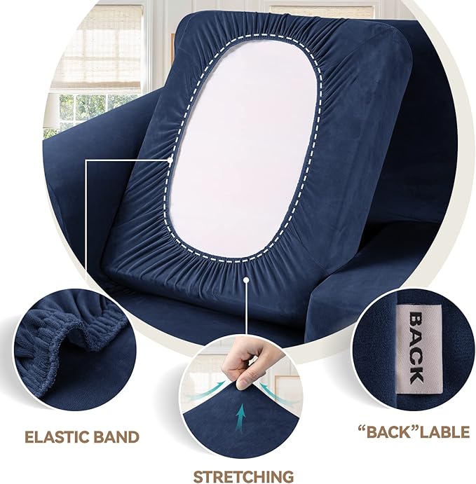 WEERRW Velvet Stretch Chair Sofa Slipcover - 2 Pieces Luxury Soft Velvet Plush Couch Cover Furniture Protector with Elastic Bottom for Pets, Machine Washable, Navy Blue, Small