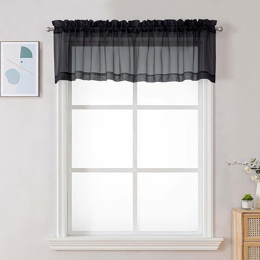 Chyhomenyc Black Sheer Valances for Windows - Light Filtering Small Kitchen Curtains, Rod Pocket Short Top Window Treatment Decor for Living Room Bathroom Basement, 42Wx16L inches, 2 Panels
