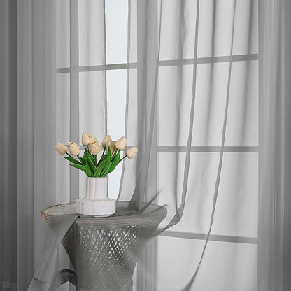 Lecloud Charcoal Grey Sheer Curtains 63 Inch Length 2 Panels, Rod Pocket Light Filtering Bedroom Curtains for Living Room, Window Treatments Voile Drapes for Bathroom, Each Panel 59" W x 63" L