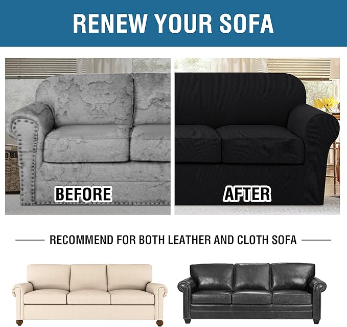 H.VERSAILTEX 4 Piece Stretch Sofa Covers for 3 Cushion Couch Covers for Living Room Furniture Slipcovers (Base Cover Plus 3 Seat Cushion Covers) Upgraded Thicker Jacquard Fabric (XL Sofa, Black)